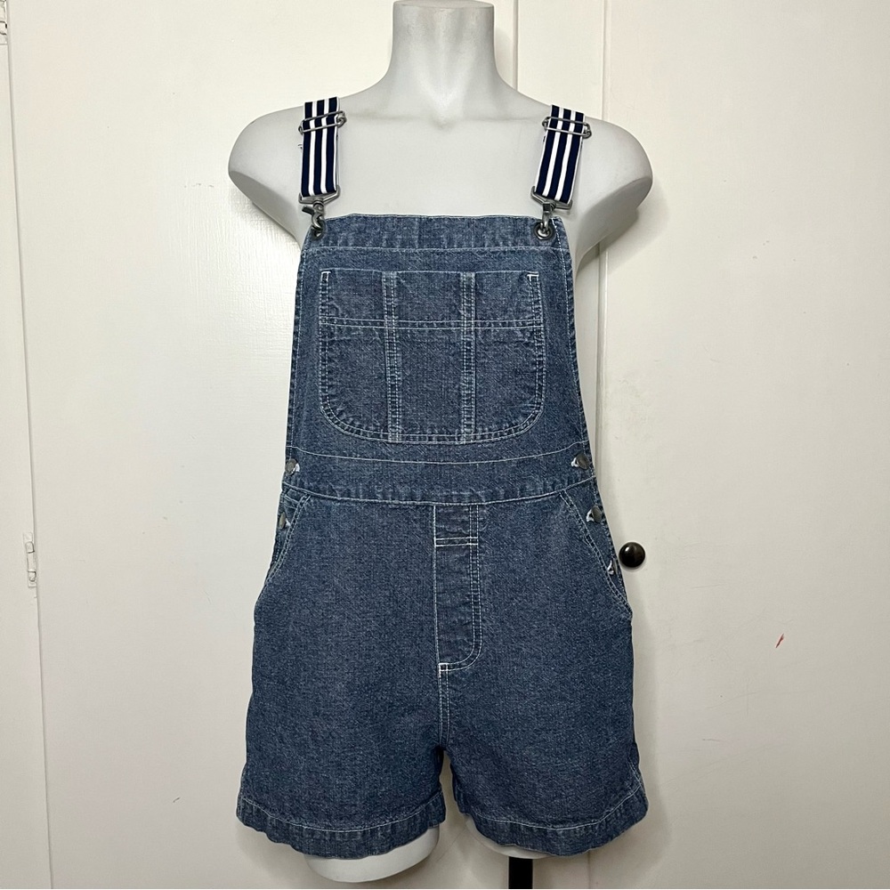 Vintage 90s London London Denim Short Overalls With Striped Elastic Straps